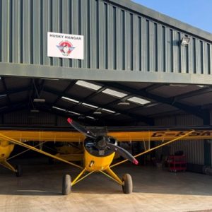 Huskies inside hangar
